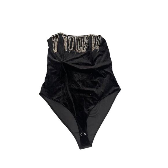 Forever 21 Black Velvet Rhinestone Fringe Strapless Bodysuit Womens 1XL New - Picture 1 of 10